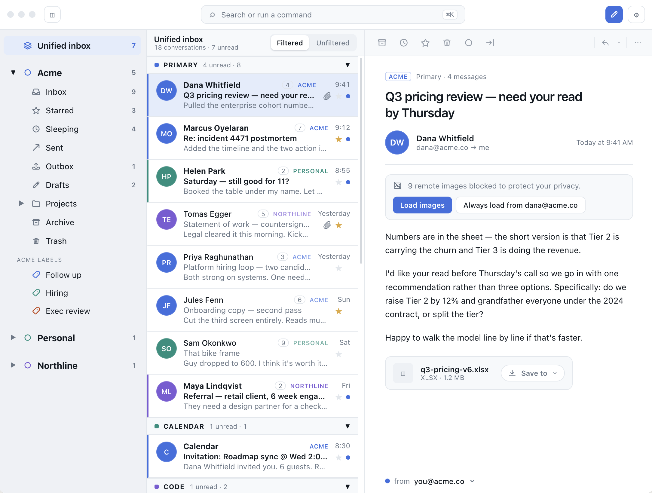 Tempo showing a unified inbox across Acme, Personal and Northline accounts
